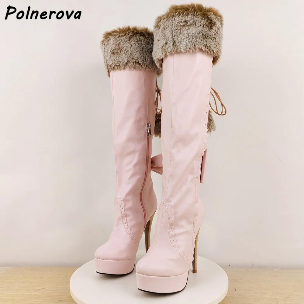 

Light Pink Furry Ball Long Boots Platform Butterfly Knot Sweet Winter Warm Knee High Boots Women's Fashion Leather Lace Shoes