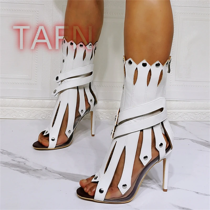 مثير Strappy المصارع حذاء من الجلد المفتوحة تو عالية الكعب خنجر سستة الصنادل البلاستيكية المرقعة النساء أحذية Zapatos Para Mujere 47