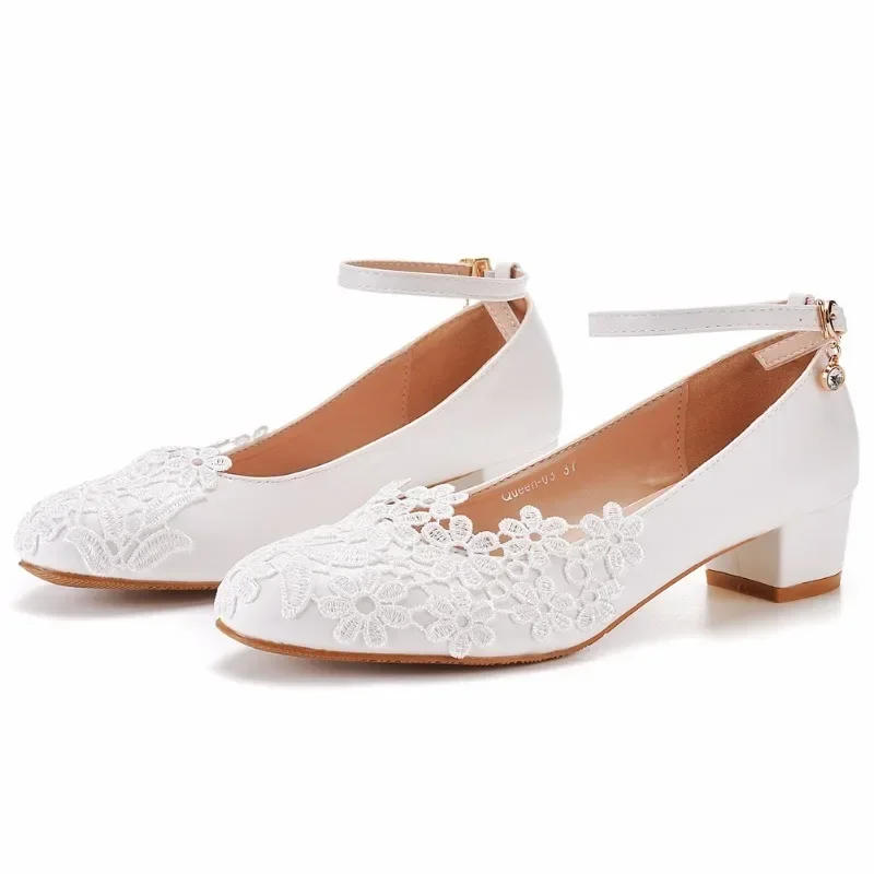 Woman Pumps Brand Design Lady Round Toe Lace Buckle Strap PU 3CM Square Heel Lady Wedding Fashion Women Shoes White