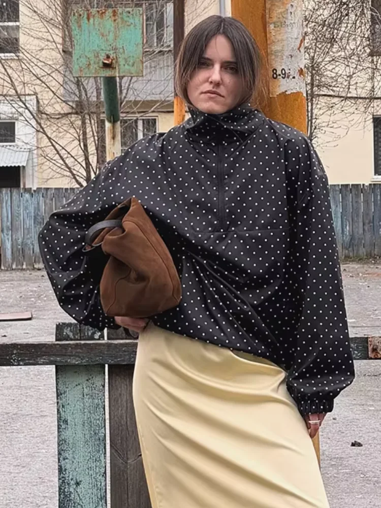 

Куртки с высоким воротником в горошек, женские куртки с длинным рукавом на молнии, черная свободная короткая куртка, женская повседневная уличная повседневная осенняя верхняя одежда 2025