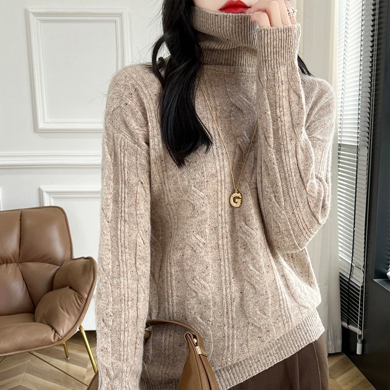 Turtleneck Sweater Women\'s 2024 Autumn/Winter New 100% Wool Cashmere High Collar Knit Pullover Loose Large Size Female Clothing