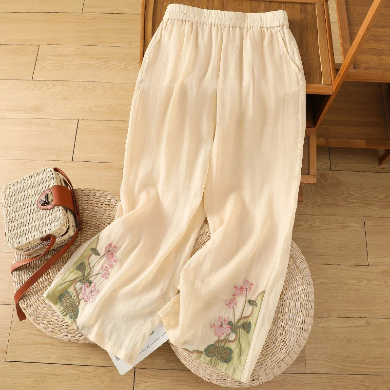 Women's Summer Chinese Style Vintage Embroidery Cotton Linen Wide Leg Pants Female High Waist Loose Straight Trousers Pantalones