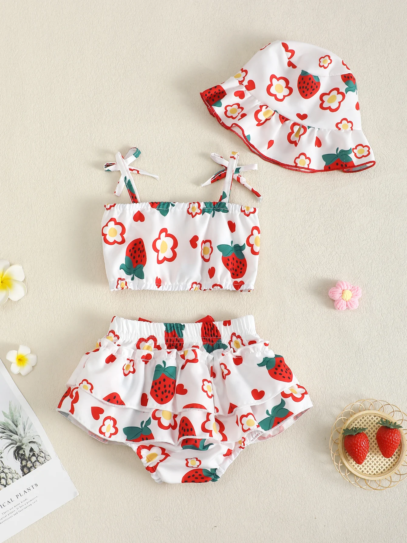 Valentine's Day Heart And Strawberry Print Outfit for Baby Girls with Halter Dress And Hat Ensemble