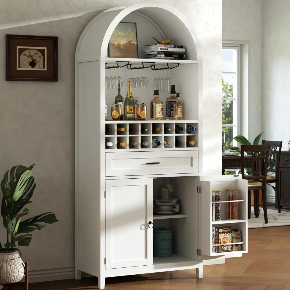 

75.7" Tall Arched Wine Bar Cabinet, Bar Cabinets with Glass Holders & Wine Rack, Liquor Cabinet for Home, Kitchen, Customized