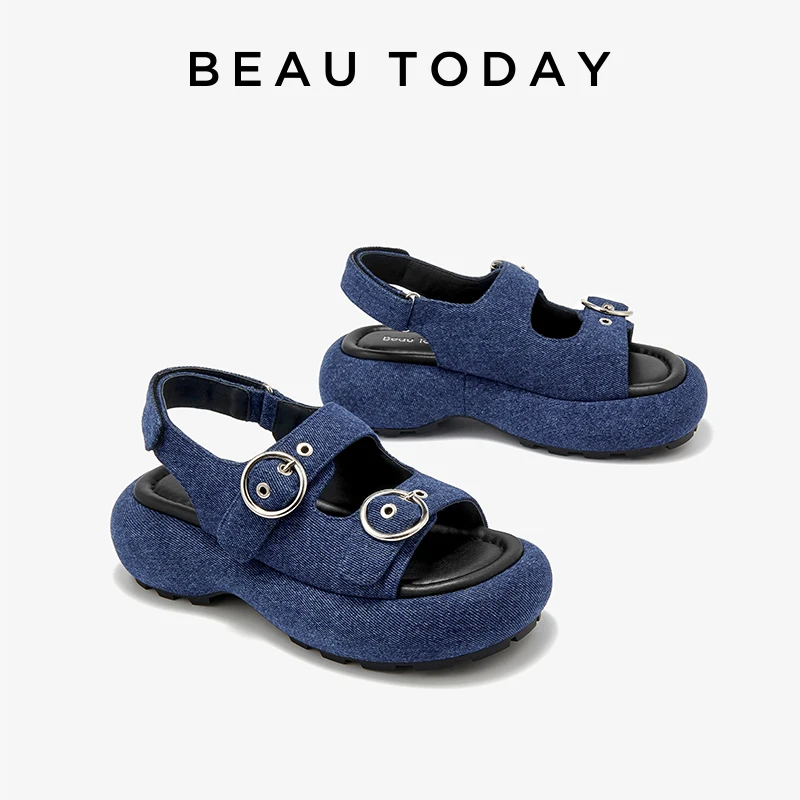 

BEAUTODAY Sandals Women Denim Mental Ornament Leisure Thick Sole Ankle Buckle Strap Summer Platform Ladies Flats Handmade 38252