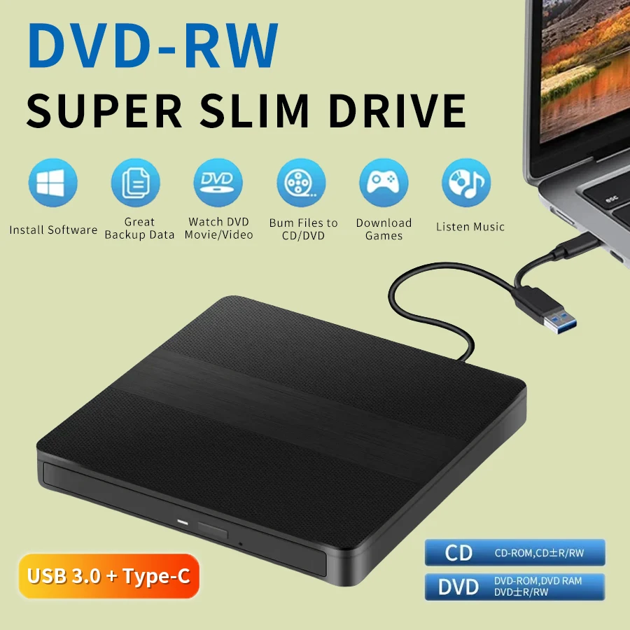 

2-in-1 USB 3.0 Type-C Slim Optical Drives External DVD RW CD Player Writer Drive Burner Reader for Laptop PC DVD Burner Portable