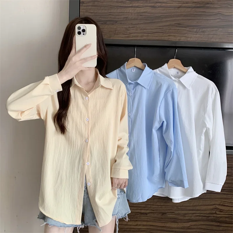 Women Button Down Shirt Long Sleeve Collared Plain Crape Shirt Ladies Blouse Spring Summer Casual Outfit