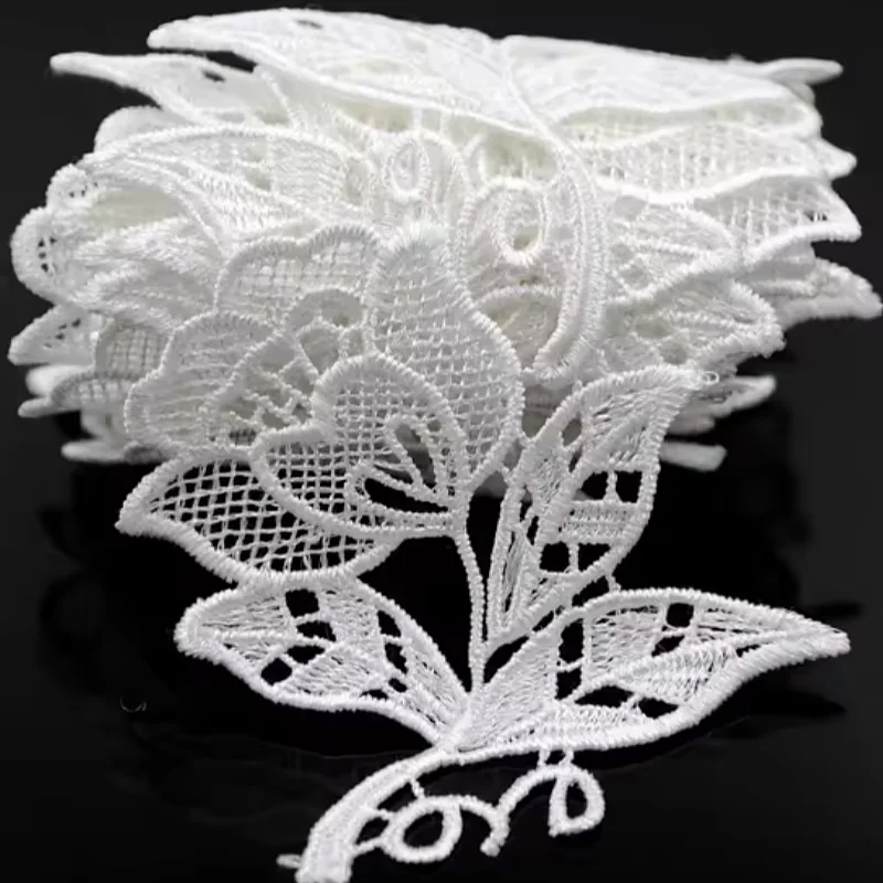 1 Yard de Tissu en Dentelle Brodé de Fleurs Blanches et Noires, Bordure Guipure pour Couture DIY, Applique Décorative Artisanale