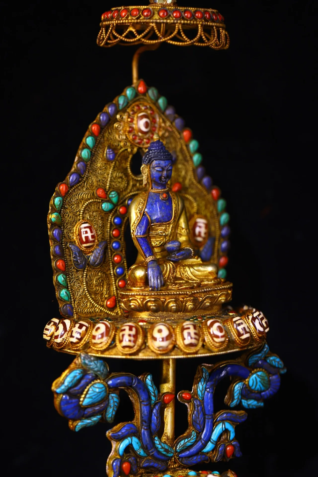16"Nepalese folk Old Crystal Mosaic Gem gZi Beads lapis lazuli Shakyamuni Buddha Sit Elephant Statue Buddhist Niche view 4