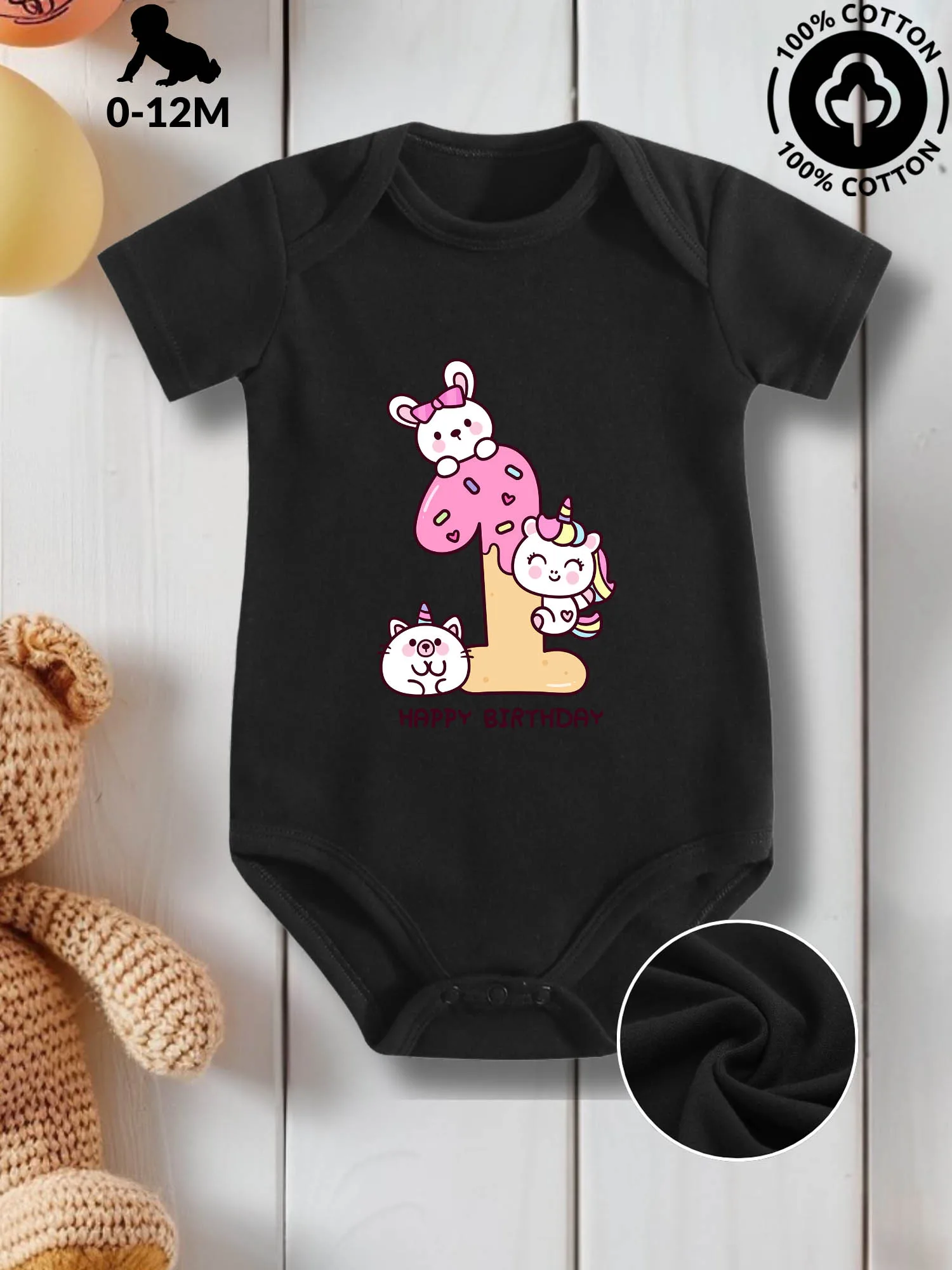 

Happy 1st Birthday Unisex Baby Crawling Suit, Pure Cotton Skin Care Onesie, All-Season Wear Black Bodysuit 190GSM