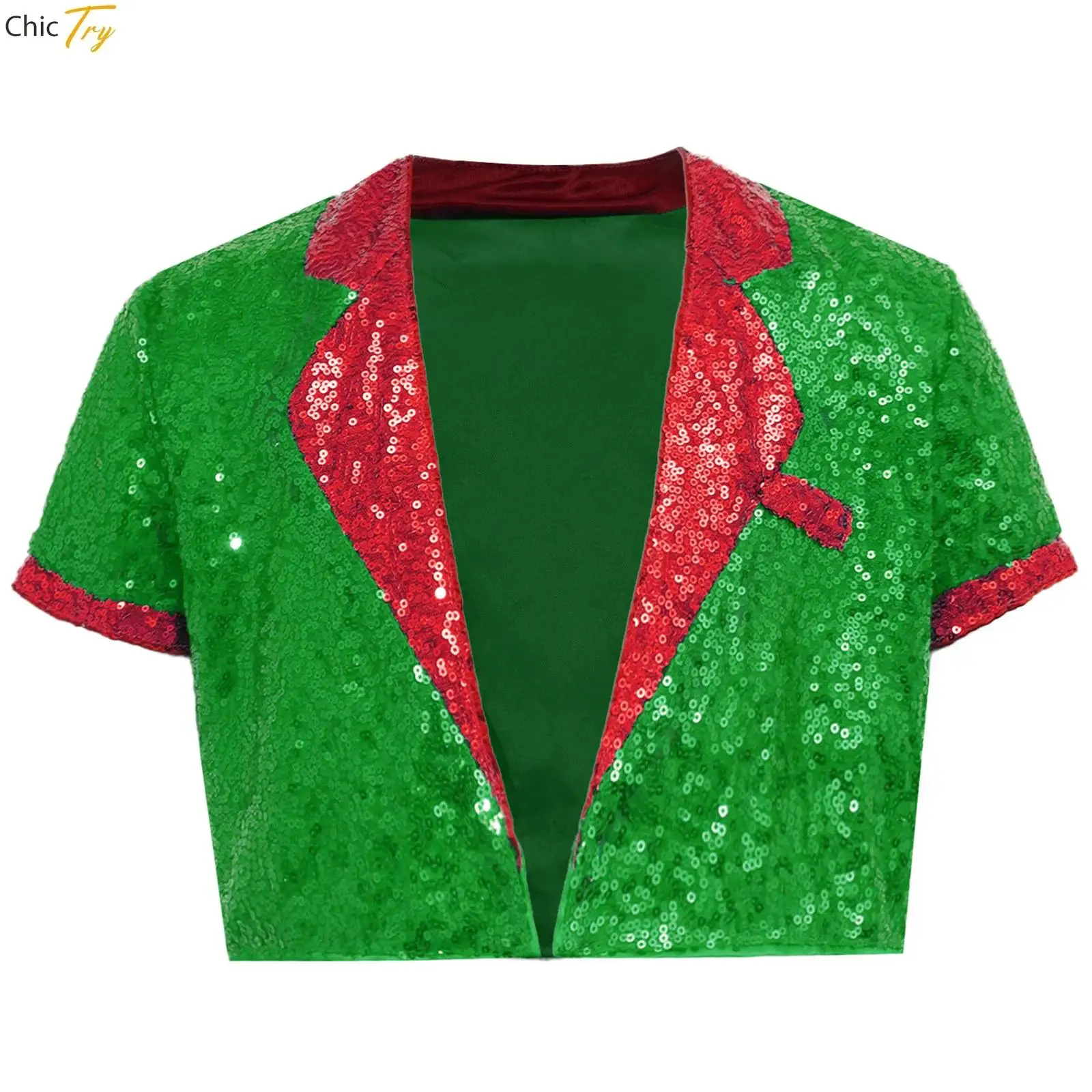 Shiny Red Green Sequin Waistcoat Teen Slim Fit Jazz Disco Dance Crop Top Sparkling Wedding Party Stage Performance Costume Gilet