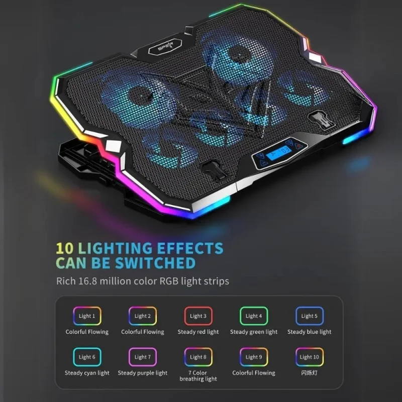 وسادة الكمبيوتر المحمول RGB باللون الأسود - 60 ° قاعدة دوارة، ارتفاع قابل للتعديل وأضواء RGB - تناسب أجهزة الكمبيوتر المحمولة مقاس 12 بوصة - 17 بوصة - مريحة ومضادة للانزلاق والألعاب #4