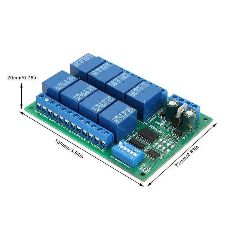 Placa de relé Modbus RTU UART, UART Interruptor de Controle Remoto, DIN35 para Controle PLC Módulo de Expansão, DC 12V, 8 Ch, RS485