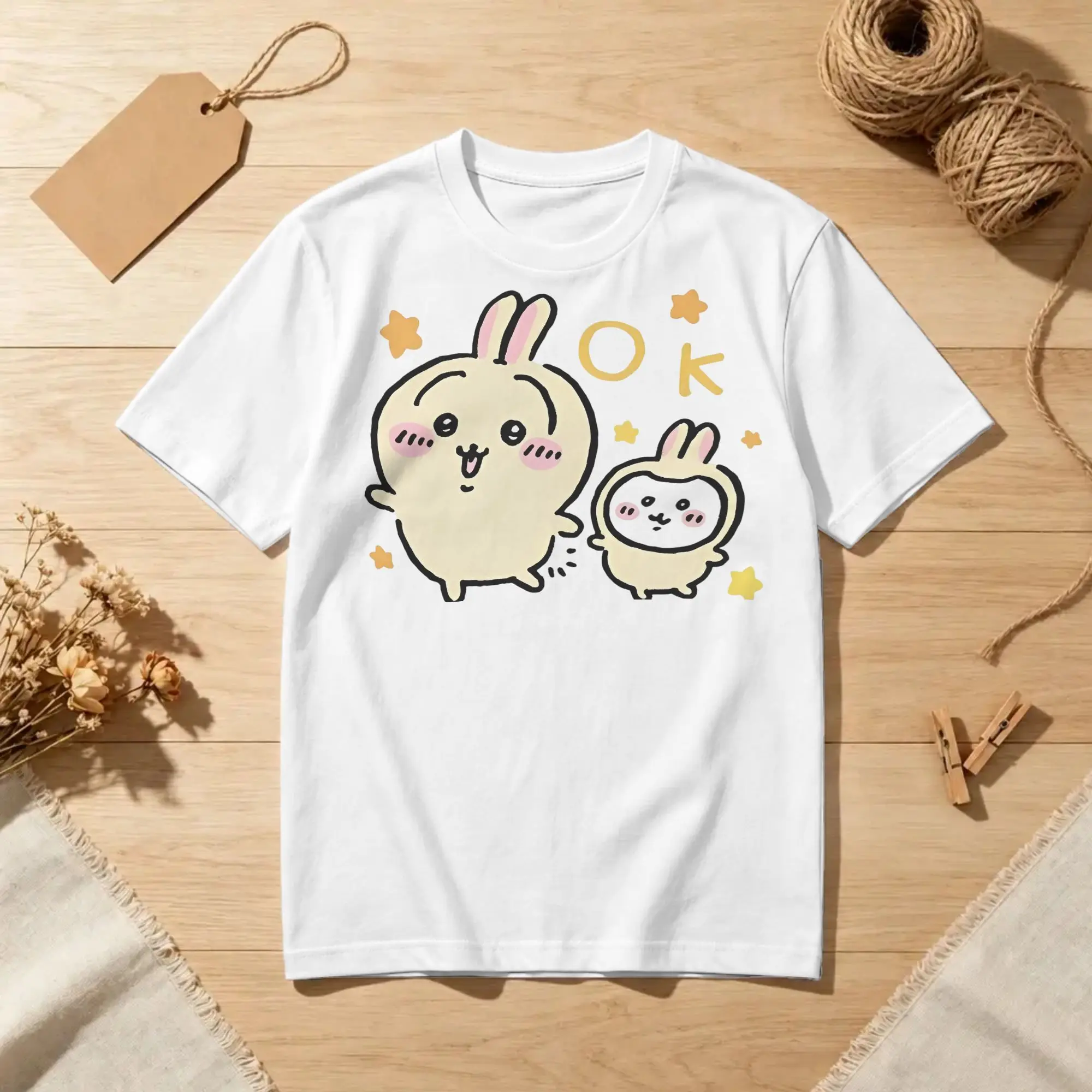 Hip Hop Chiikawaii Usagi Cute OK Tshirt Men Crewneck Short Sleeve Tops  100%Cotton Summer Clothes
