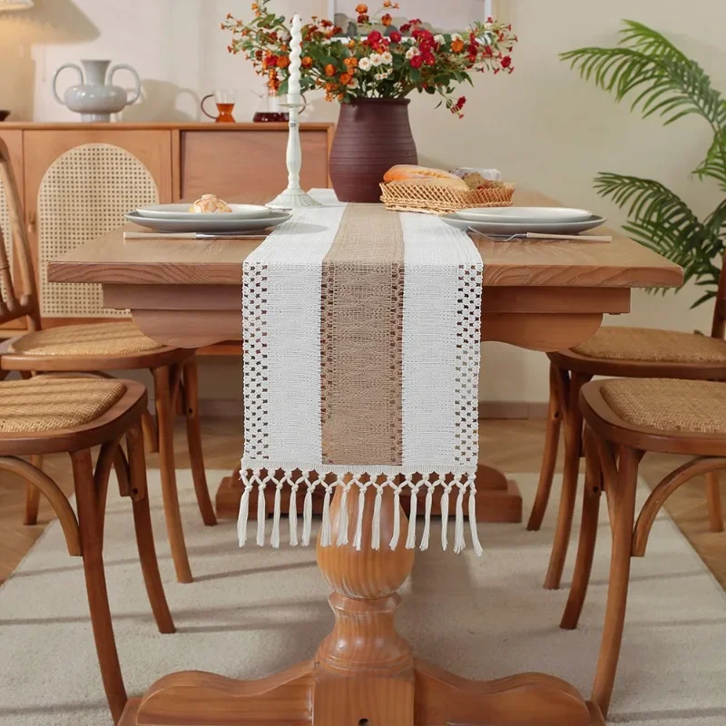 Hand Woven Jute Natural Linen Table Runner with Tassels Rustic Country Wedding Birthday Christmas Decoration for Home tablecloth