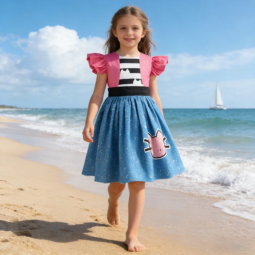 Sommerkleid für Mädchen, Strand-Stil, Freizeitkleid, Kinderkleid mit Katzenmuster, gestreift, blau, Prinzessinnenkleid, Kindergeburtstagskleid