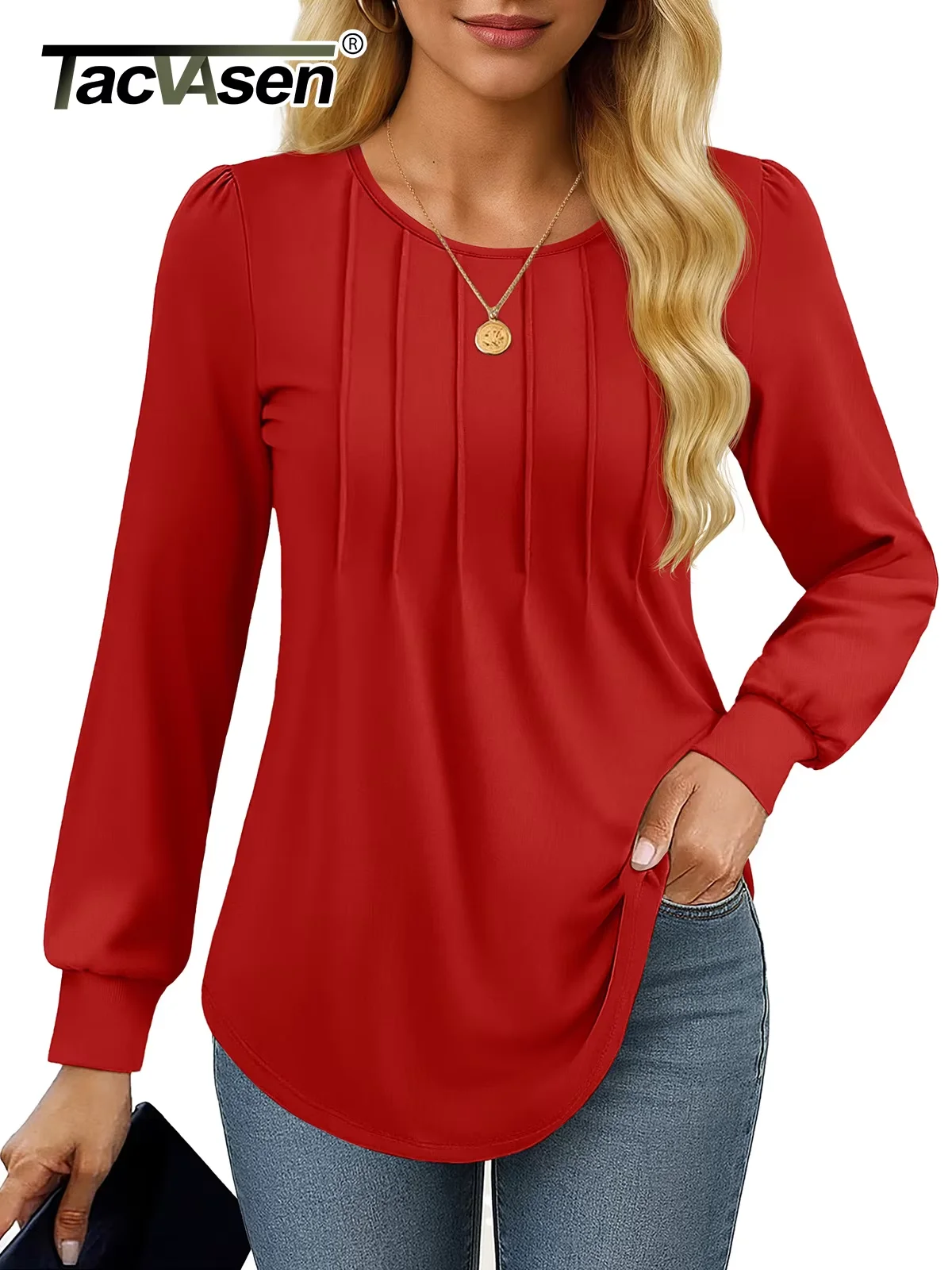 

TACVASEN Women's Long Sleeve Pleated Front Tunic Tops Crew Neck Curved Hem Tunic Blouses Loose Fit Casual Shirts for Leggings