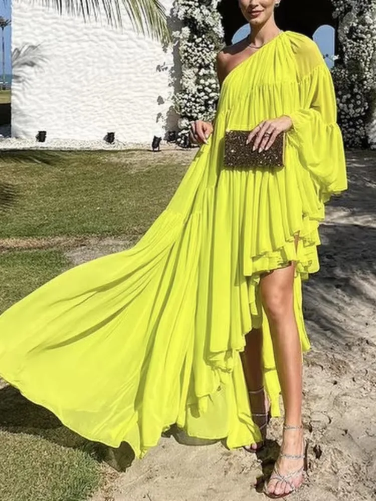 Freeacy Female Fashion Irregularity One-Shoulder Party Prom Dress 2024 Summer Solid Color Vacation Beach Maxi Dresses For Women