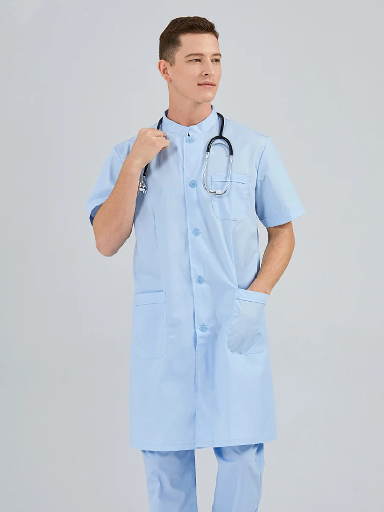 Alta qualidade roupas médicas homens médico trabalho uniforme azul laboratório casaco de manga curta esfrega roupas uniforme veterinário