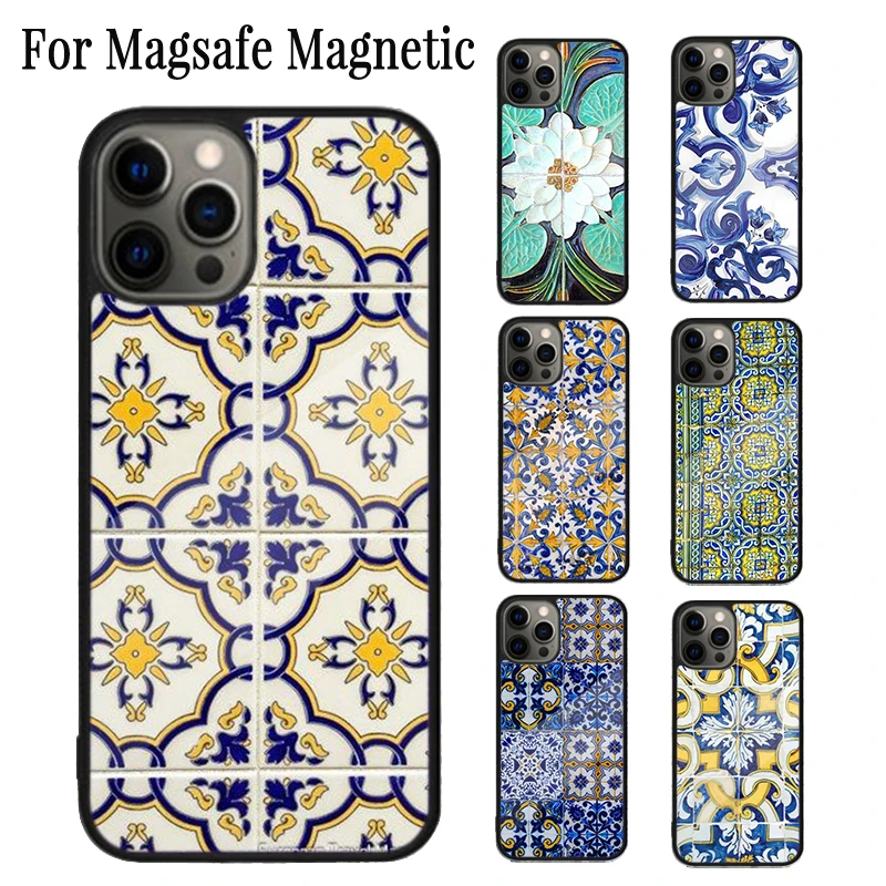 Portuguese Tiles Magnetic Phone Case Coque For iPhone 16 15 14 Plus 13 12 Mini 11 Pro Max Magsafe Wireless Charging Cover