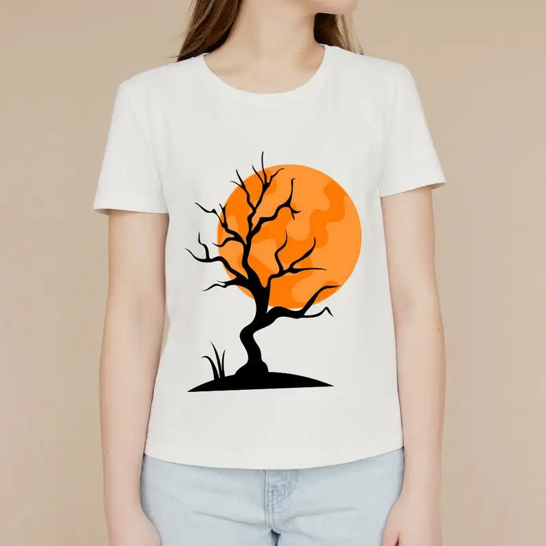Spooky Season Halloween Shirt Orange Full Moon and Tree Design Perfect Fall and Trick-or-Treat Tee Spooky Season Tree Harajuku image 2