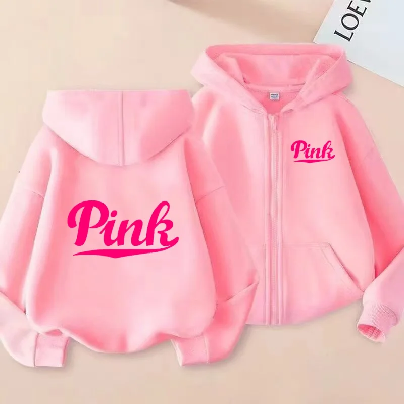 

Children Cardigan PINK Letter Logo Print Sweatshirt Zipper Style Hoodie Fashion Girls Boy 3-12Yrs Casual Sunshine Top Loose Coat