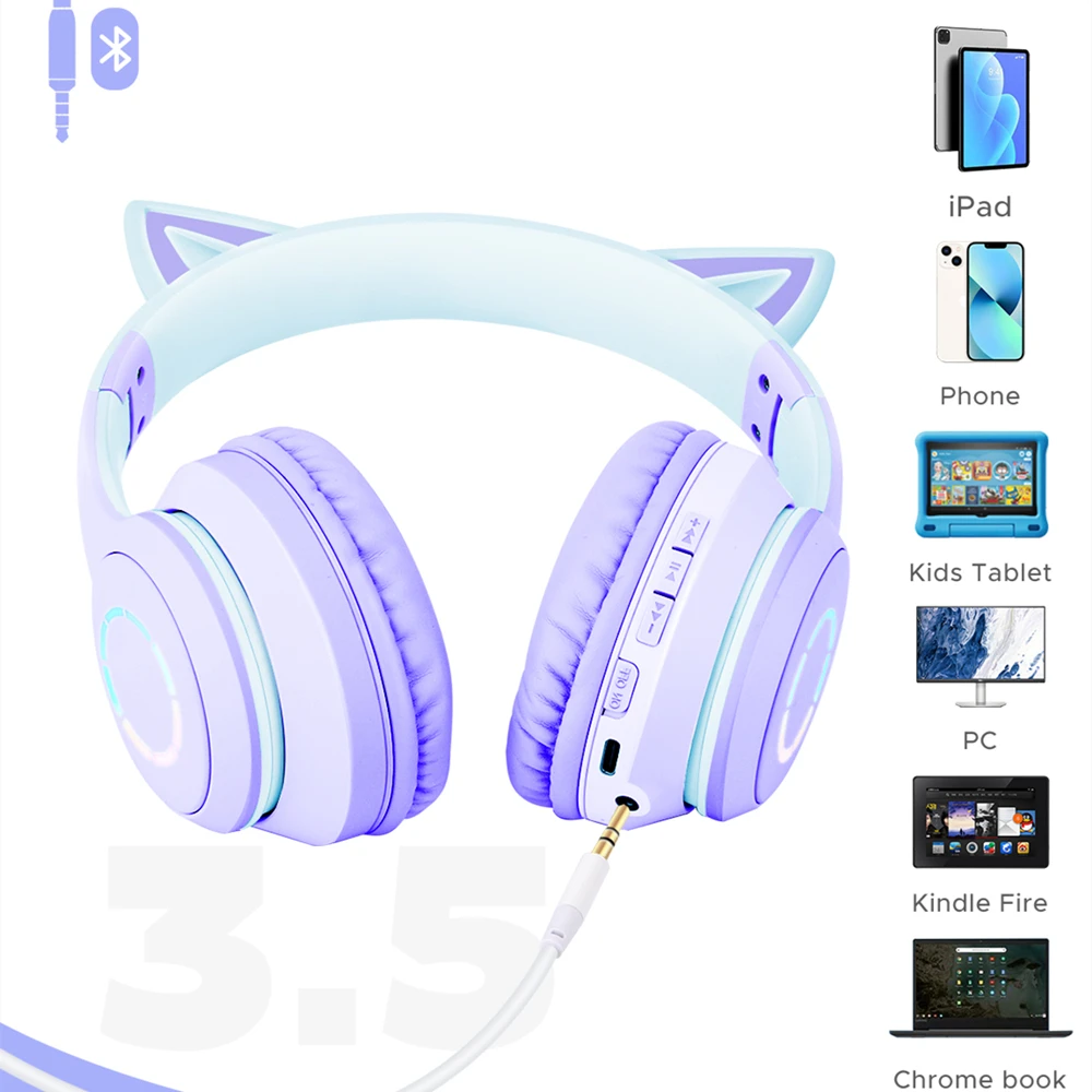 Meredekség színben ledes Cica Fül Bluetooth Szikratávirát Fejhallgató aranyos Cica Fül headphone Játék headse majd Ribillió cancelling headse RGB