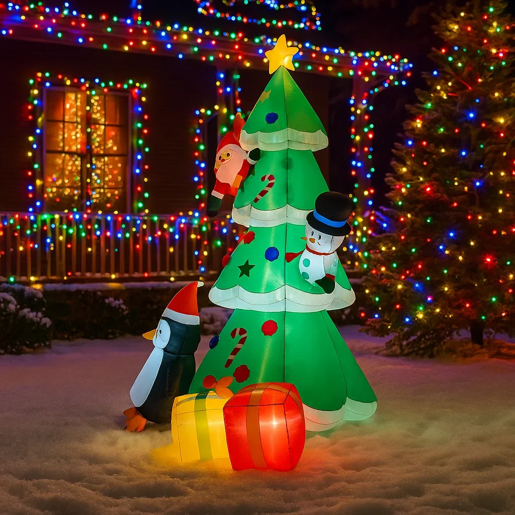 6.8FT Christmas Decorations Inflatable Christmas Tree Snowman Penguin Gift Box Toys Home Yard Ornaments with LED Pary Decor Toy