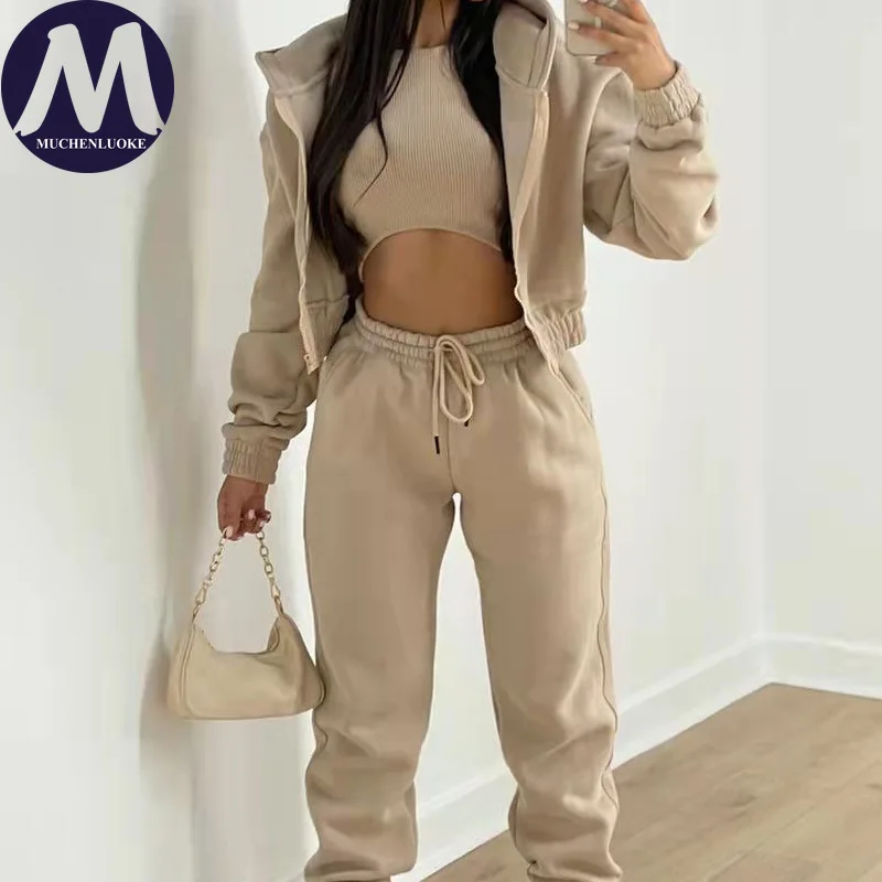 

Комплект из 3 предметов для женщин, осень-зима, новое универсальное спортивное пальто с длинными рукавами и капюшоном, модные повседневные свободные комплекты брюк на шнуровке