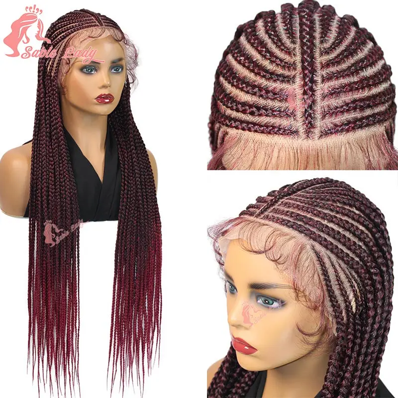 Cornrow Braided Wigs Box Braids Wig Synthetic Full Lace Knotless Braided Wig for Black Women Burgundy Lace Front Braiding Wig