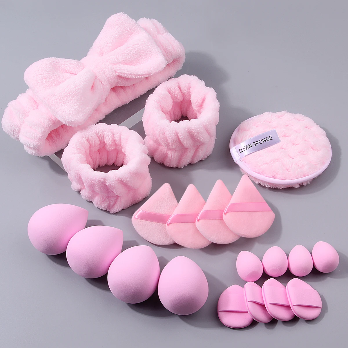 헤어밴드와 손목 스트랩이 포함된 핑크색 클렌징 및 메이크업 세트 20개, 부드러운 스펀지 에그 파우더 퍼프 및 라운드 클렌징 퍼프