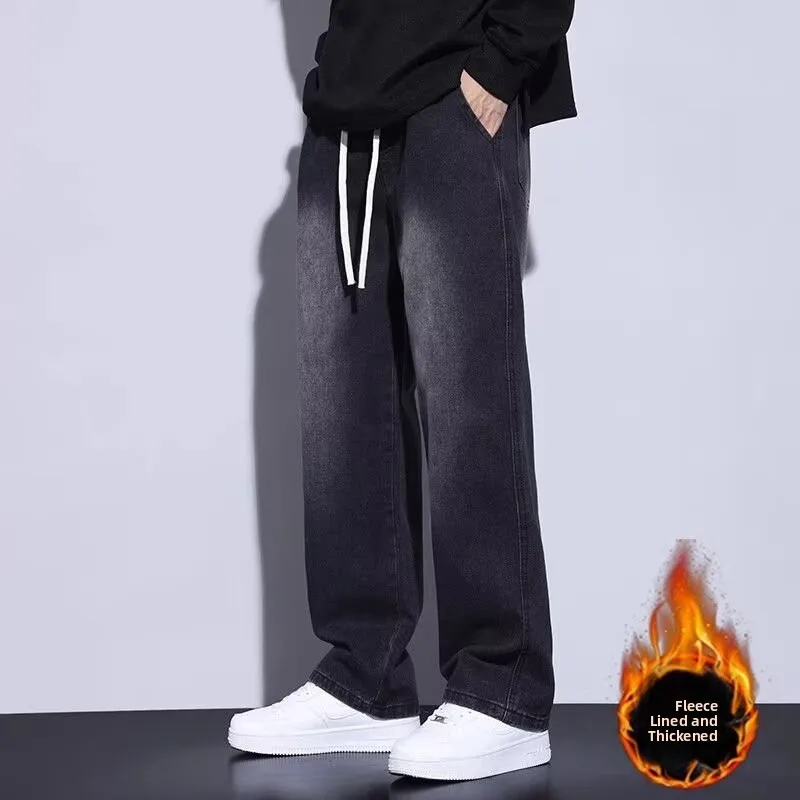 

American Style Fleece Lined Jeans Men's Washed High Street Elastic Waist Straight Leg Pants Casual Wide Leg Baggy Jeans