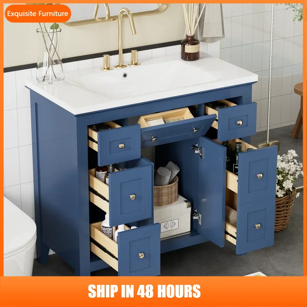 

36'' Bathroon Vanity with Resin Sink Combo Set, Modern Freestanding Single Bathroom Cabinet with 6 Drawers & 2 Cabinets, Storage