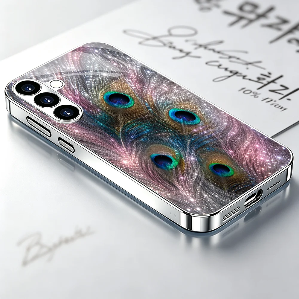 Upscale Beautiful Peacock Feather Glass phone case for Samsung Galaxy S26 S25 S24 S23 S22 Ultra FE Plus Trendy Hard Phone Shell