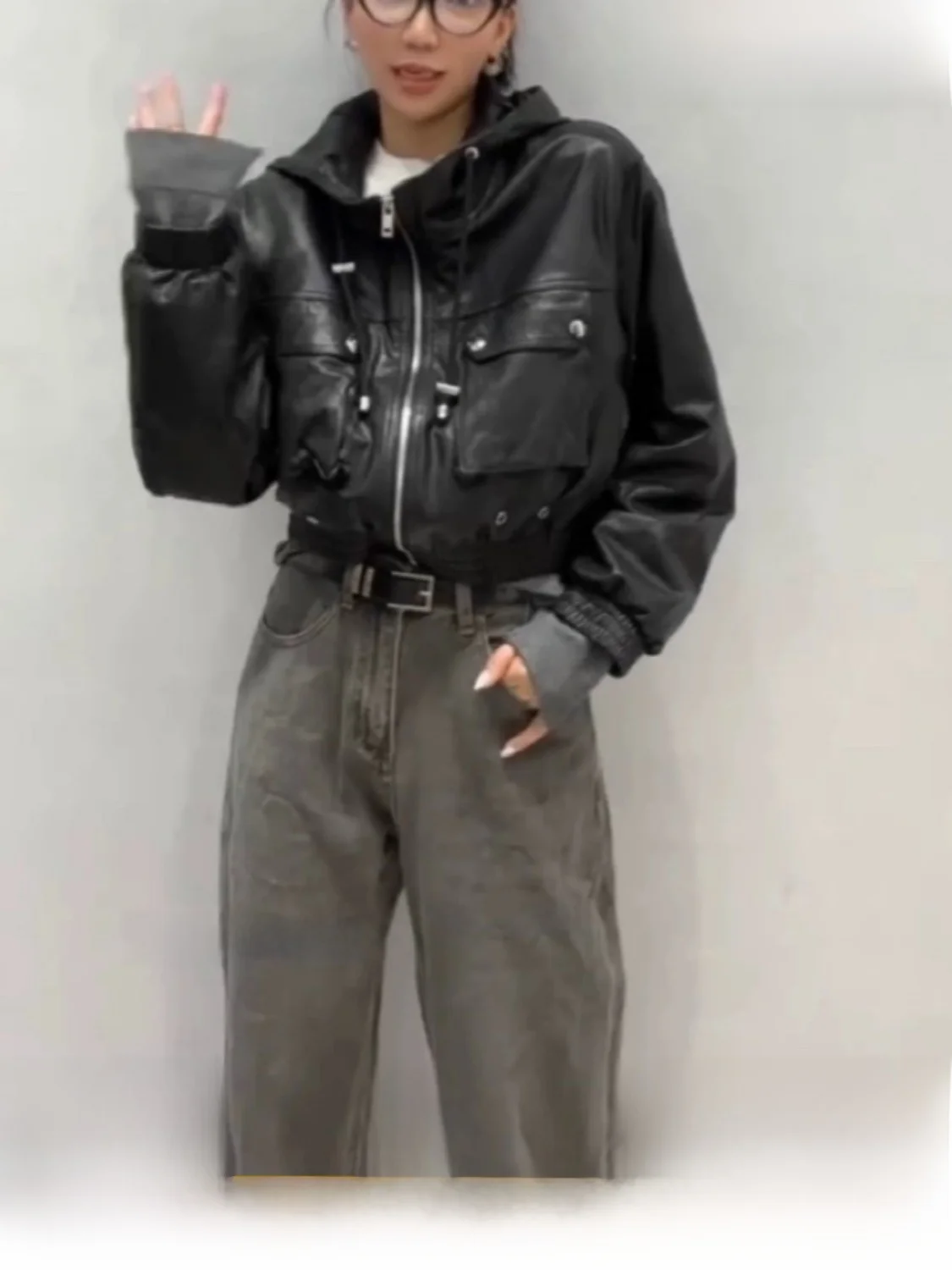 

Женская свободная универсальная рабочая одежда из натуральной кожи в стиле ретро, осень 2023, топ из овчины с капюшоном