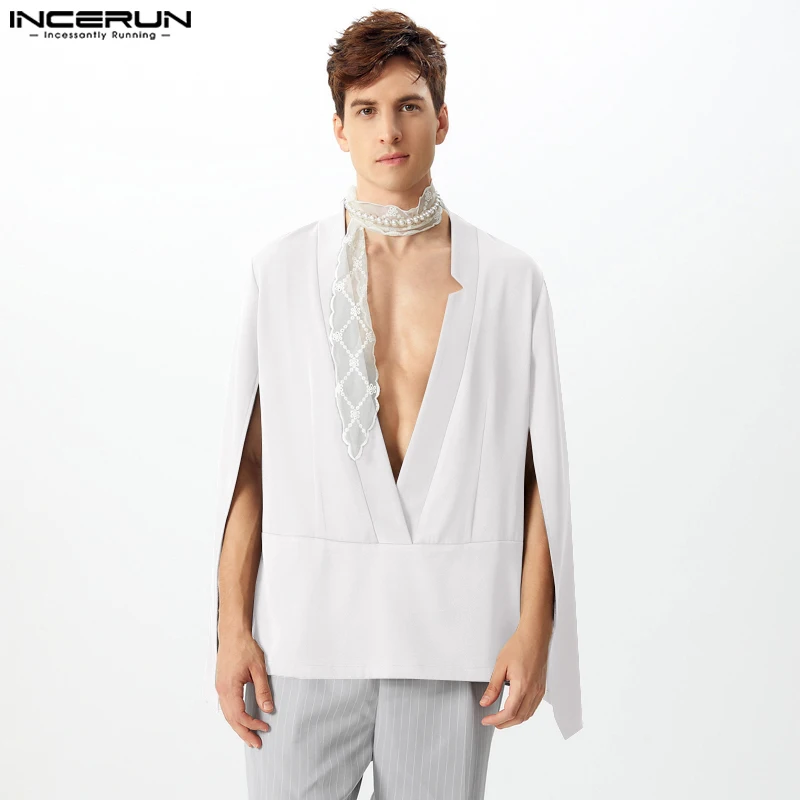 INCERUN New Men's Clothing Fashionable V-neck Shawl Trench Casual Sexy Male Solid Color Loose Long Sleeved Cape Coats S-5XL 2024