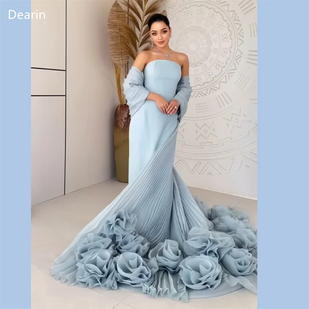 

Customized Prom Gown Women Formal Evening Dress Dearin Strapless Column Floor Length Skirts Draped Applique 3D Flower Bespoke Oc