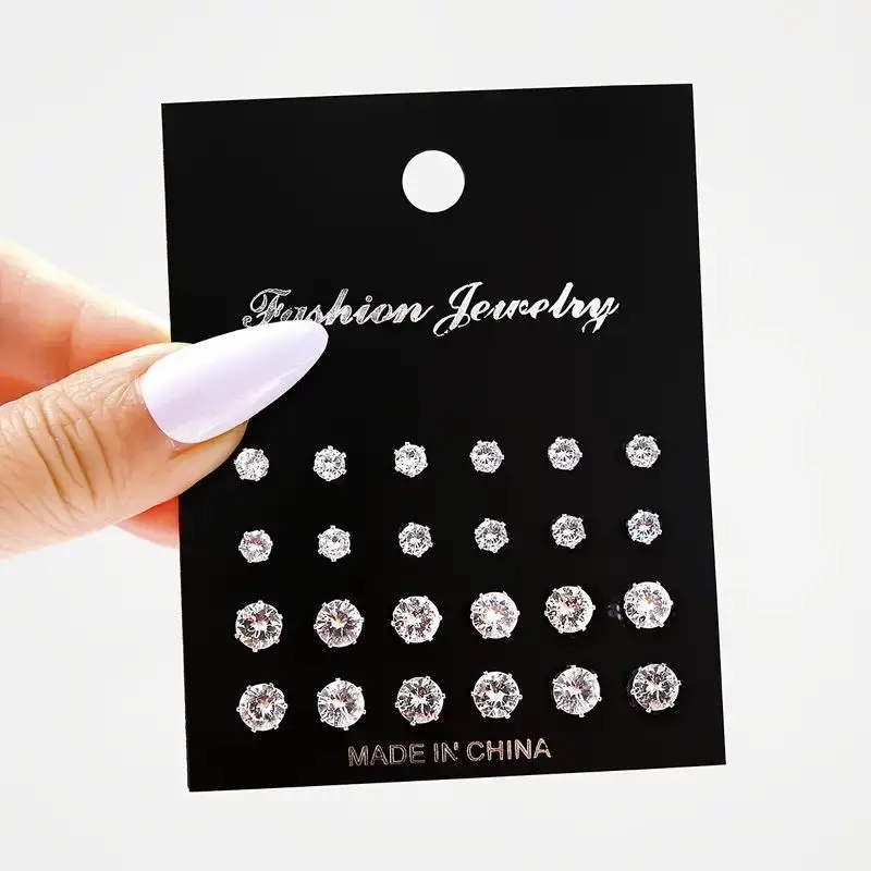 Maximum 36 Pairs Shiny Zircon Stud Earrings Set for Women Men Daily Versatile Chic Silver Color Crystal Ear Jewelry Accessories