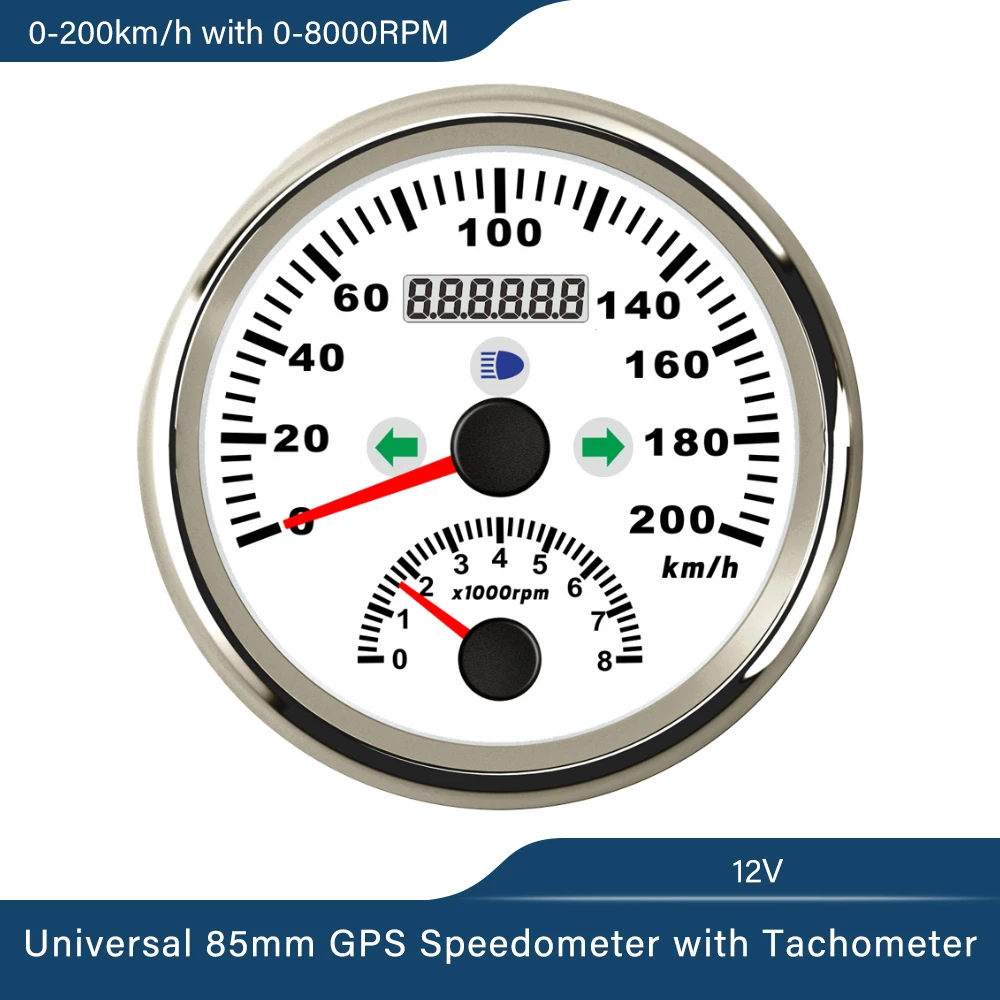 

Boat Car Universal 85mm GPS Speedometer 0-200km/h with Tachometer 0-8000RPM Gauge with GPS Antenna Red Backlight 12V