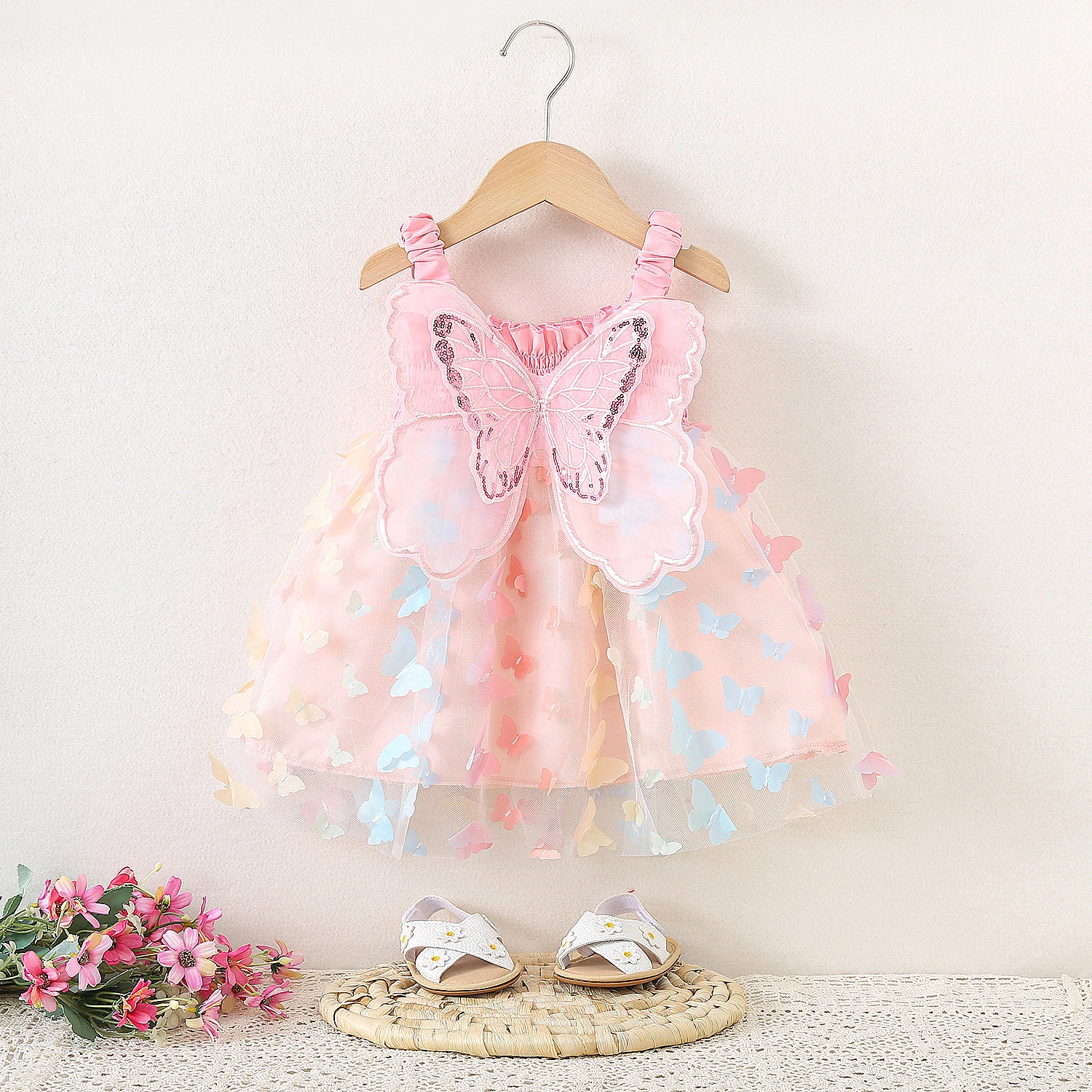 Girl Dress Butterfly One-piece Toddler Clothing 3D Rainbow Wings Strap Dress 6M-3y Fairy Costume Infant Puffy Birthday Gowns