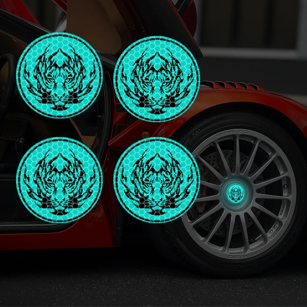 1Set 4PCS Flame Tiger Reflective Wheel Stickers Matte Vinyl Decals For Metal Glass Plastic Night Safety