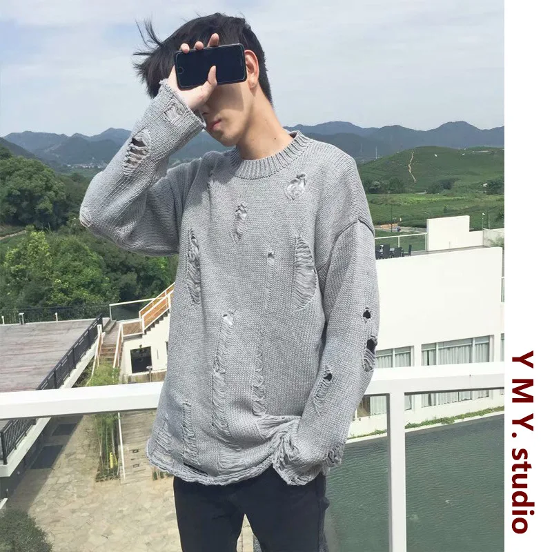 Men Wind O-neck Knitted Ripped Sweater Retro Couple Loose Pullovers Men Knitwear Hole Sweaters