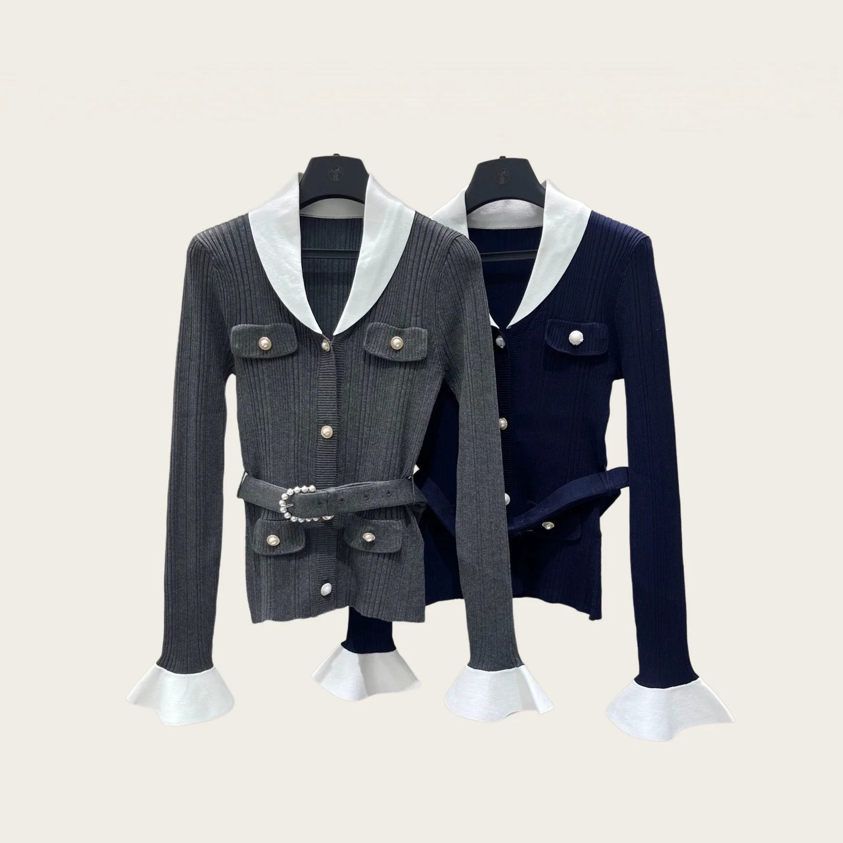 Women Contrast Lapel Knit Cardigan Pearl Belt Slim Fit Elegant Sweater