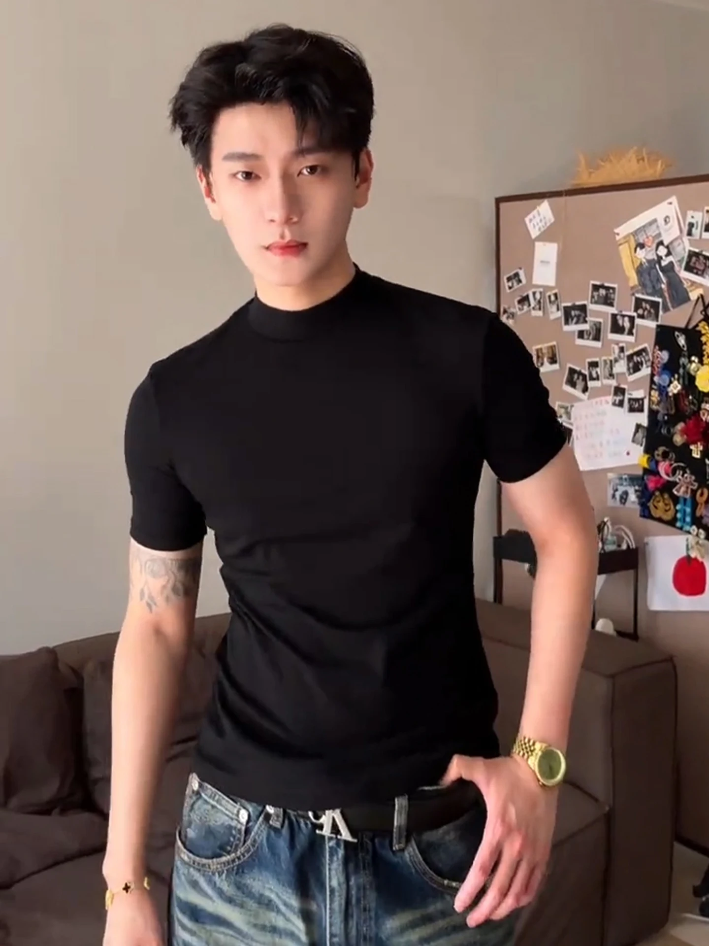 Black Ice Silk Cool Feeling Knitted Short Sleeve Men's Summer Slim Fit Shoulder Sport T-Shirt American Sleeve Opening Fitness...