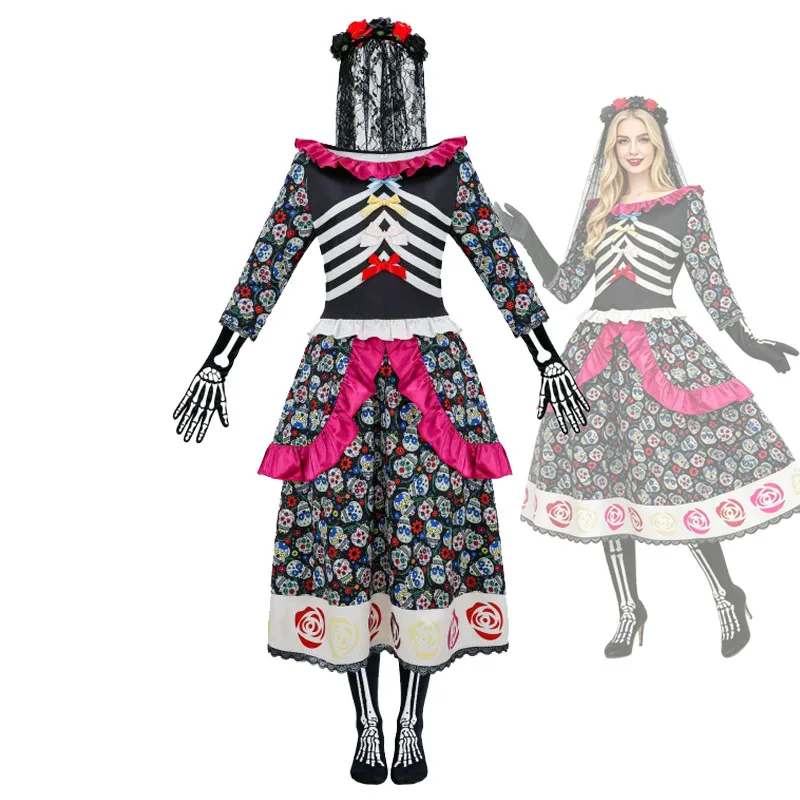 Disfraz de novia fantasma para fiesta de Halloween, cosplay, Día de Muertos, fiesta de carnaval, vestido de novia para mujer, La Calavera Catrina.
