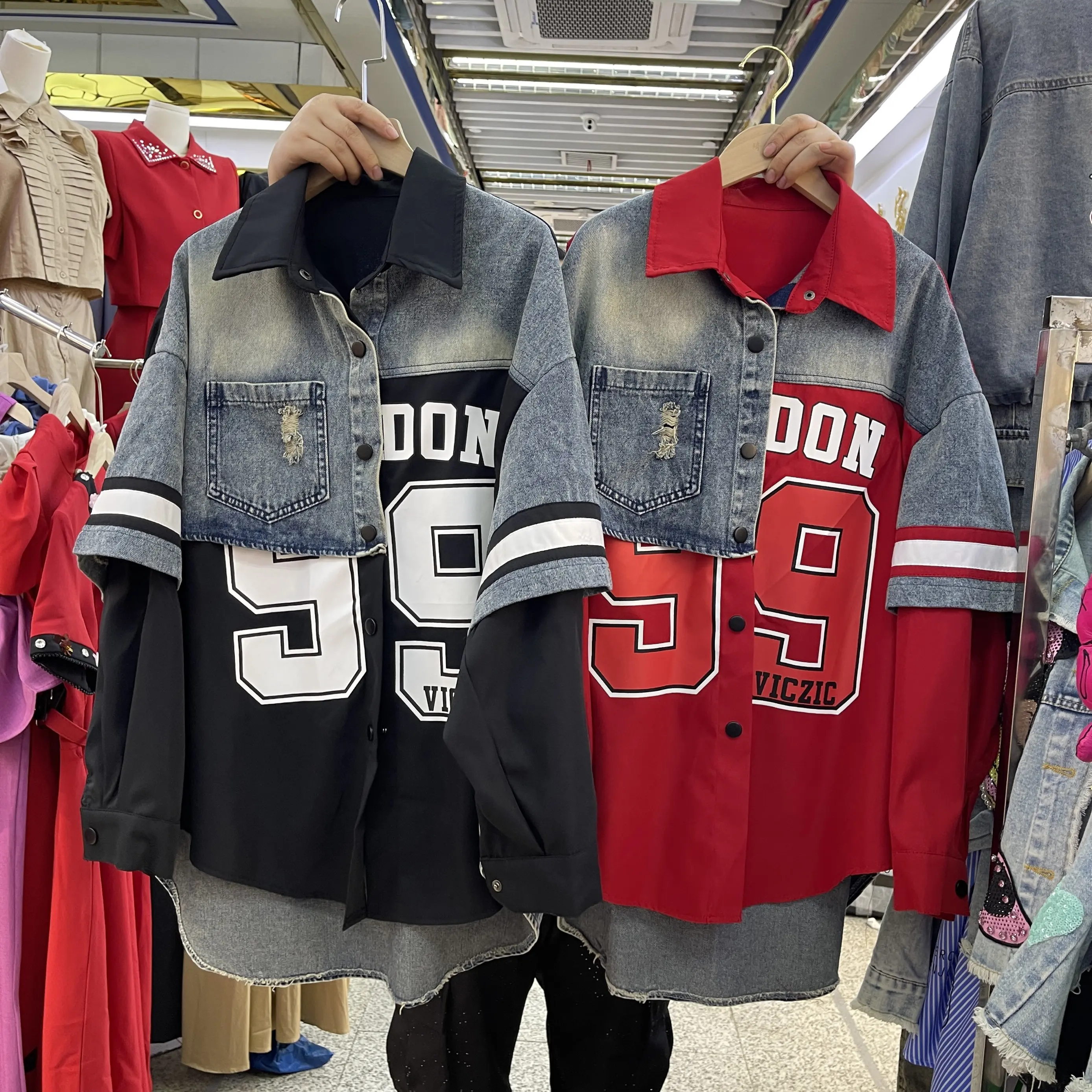 

Contrast Color Women Denim Shirts 2026 New Spring Trendy Letters Printed Oversize Cardigans Top Faux Two-piece Casual Blouses