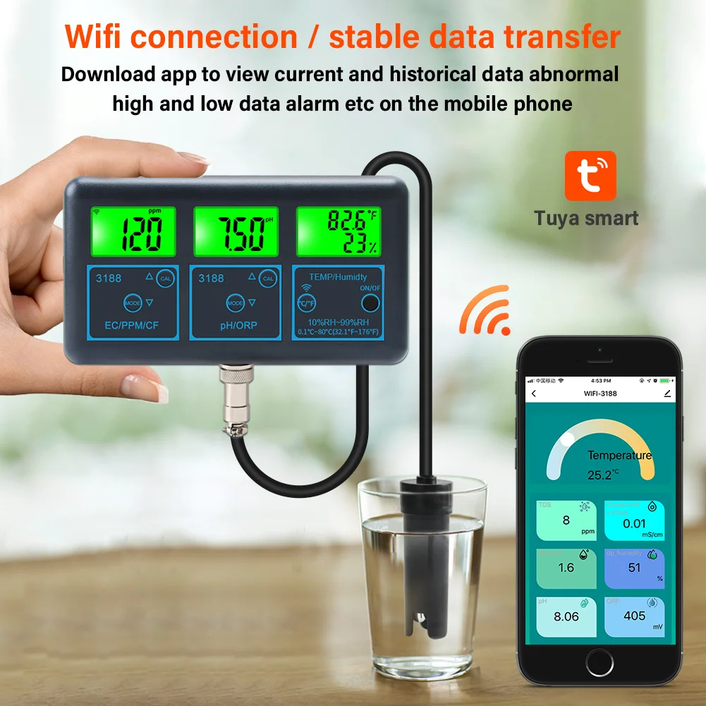 Tuya Smart WIFI Aquariums Meter Digital Spa Pool Water Quality Analyzer Water Quality Analyzer PH EC ORP TDS RH% CF TEMP Tester