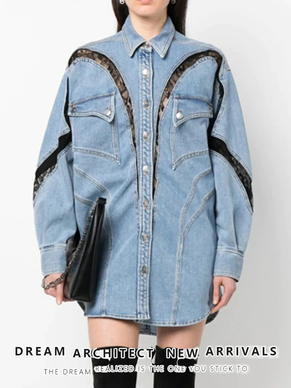 

Autumn Winter Lace Splicing Loose plus Size Denim Shirt Jacket Women's Original Design Collar Long Sleeve Mid-Length Cas...