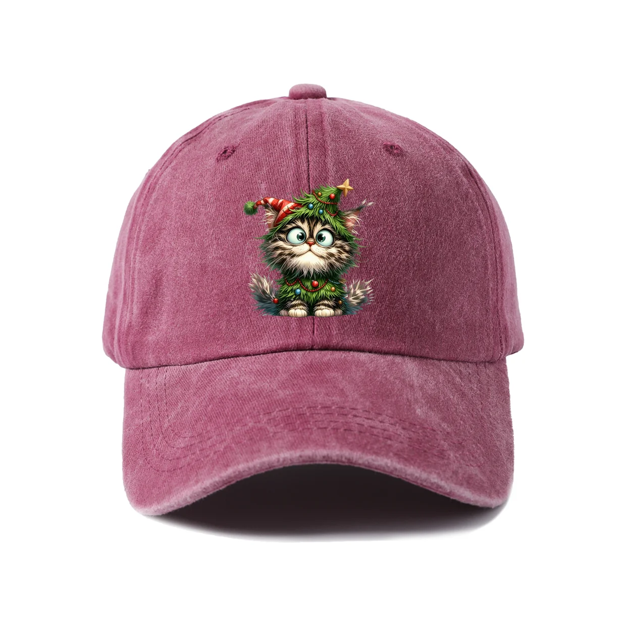 Christmas Cat with Holly Graphic Vintage Washed Baseball Cap, Adjustable Unisex Dad Hat for Men and Women