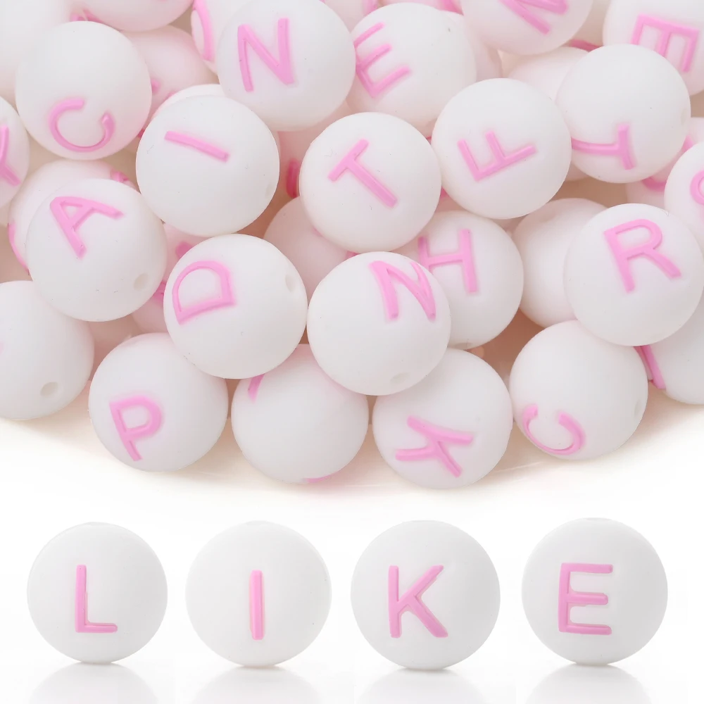 10Pcs 15mm Light Pink Silicone Leeter Beads Alphabet A-Z Round Beads for DIY Baby Pacifier Chain Necklace Bracelet Not Choose